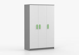 Armoire penderie Smolikas 111 | 192 x 120 x 50 cm | Blanc / Gris | 3 portes | 9 compartiments | Poignées bois