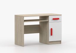Bureau enfant 110 cm blanc et chêne Sonoma | 3 niches | 1 tiroir | 1 porte | Poignées bois rouges | Smolikas 77