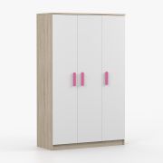Armoire penderie Smolikas 101 | 3 portes | Blanc & chêne Sonoma | 9 compartiments | Poignées bois | 192 x 120 x 50 cm