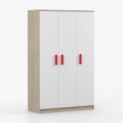 Armoire penderie Smolikas 104 | 192 x 120 x 50 cm | Blanc & chêne Sonoma | 3 portes | 9 compartiments | Poignées bois rouges