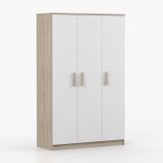 Armoire penderie 3 portes Smolikas 106 | 192 x 120 x 50 cm | 9 compartiments | Blanc & chêne Sonoma | Poignées bois rondes