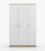 Armoire penderie Smolikas 108 | 3 portes battantes | 9 compartiments | 192 x 120 x 50 cm | Blanc & Chêne Sonoma | Poignées bois