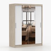 Armoire coulissante avec miroir | 200 x 150 x 61 cm | Blanc & Chêne de Sonoma | 2 portes, 6 compartiments | Bucegi 02