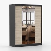 Armoire penderie 1,5 m | Portes coulissantes miroir | Chêne Sonoma & Noir | Bucegi 08 | 2 portes | 6 compartiments | Poignées aluminium