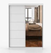 Armoire penderie 1,5 m | Portes coulissantes miroir | Blanc | Bucegi 18 | 2 portes | 6 compartiments | 200 x 150 x 61 cm