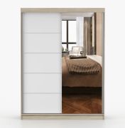 Armoire penderie coulissante Bucegi 19 | Blanc & chêne Sonoma | Miroir | 2 portes | 200 x 150 x 61 cm | 6 compartiments | Poignées aluminium
