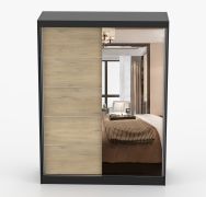 Armoire penderie Bucegi 16 | Portes coulissantes miroir | 2 portes | 6 compartiments | 200 x 150 x 61 cm | Finition brun/noir