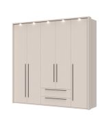 Armoire à cinq portes battantes Neiafu 73, encadrements LED, deux tiroirs, pieds réglables, dimensions : 226 x 232 x 60 cm, système de fermeture en douceur, trois tringles à vêtements