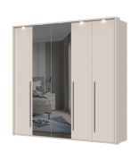 Armoire à cinq portes avec encadrement LED Neiafu 70, couleur : cachemire, dimensions : 224 x 227 x 56 cm, deux portes miroir, pieds réglables, trois tringles à vêtements