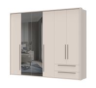 Armoire à portes battantes avec cadre Neiafu 51, deux portes miroir, deux tiroirs, couleur : cachemire, trois tringles à vêtements, dimensions : 224 x 272 x 56 cm, système de fermeture en douceur