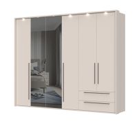 Grande armoire à portes battantes avec cadre LED Neiafu 79, couleur : cachemire, deux portes miroir, deux tiroirs, système de fermeture en douceur, dimensions : 224 x 272 x 56 cm