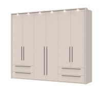 Armoire à six portes avec cadre LED Neiafu 80, quatre tiroirs, trois tringles à vêtements, cinq étagères, dimensions : 226 x 277 x 60 cm, finition haut de gamme