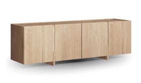 Meuble TV / Couleur : chêne blanchi / 4 portes / Bois massif / Chêne huilé / Pierre de travertin / 180 x 46 x 56 cm / 6 compartiments / Style sobre