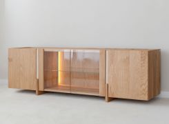Meuble TV / Couleur : Chêne blanchi / Bois massif / Chêne huilé / Pierre de travertin / 180 x 46 x 56 cm / Panneau arrière : HDF / Éclairage LED inclus