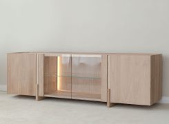 Meuble TV / Couleur : chêne naturel / 4 portes / Bois massif / Chêne huilé / Pierre de travertin / 180 x 46 x 56 cm / 6 compartiments / Éclairage LED inclus