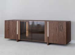Meuble TV / Couleur : Tabacco / Bois massif / Chêne huilé / Pierre de travertin / 180 x 46 x 56 cm / Panneau arrière : HDF / Éclairage LED inclus