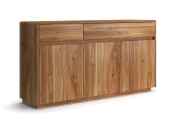 Commode / Bois massif / Chêne huilé / 3 portes / Système « push-to-open » / 2 tiroirs / Système de fermeture Soft-Close / 157 x 40 x 85 cm / 4 compartiments