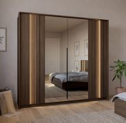Armoire / Couleur : Chêne Dunin / 2 portes miroir / Éclairage LED inclus / 223 x 60 x 210 cm / 2 tringles à vêtements / Fonction Soft-Close / 4 compartiments / 10 compartiments