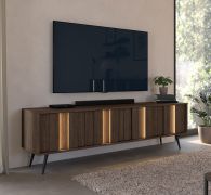 Meuble bas TV / Couleur : Chêne Dunin / Éclairage LED inclus / 183 x 40 x 54 cm / 4 portes / Fonction Soft-Close / 4 compartiments / Pieds métalliques fins / Meuble TV