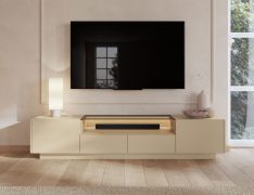 Meuble bas TV / Couleur : Cacao / Chêne Crémone / 2 portes battantes / Éclairage LED inclus / 3 compartiments / 203 x 40 x 43 cm / Fonction Push-to-open / Tableau TV / 2 tiroirs