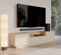 Meuble bas TV / Couleur : Beige / Chêne Cremona / 2 portes battantes / incl. éclairage LED / 3 compartiments / 176 x 40 x 43 cm / Fonction Push-to-open / Meuble TV / 1 tiroir