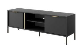 Meuble bas pour télévision anthracite | 2 portes battantes | 1 étagère bois | 4 compartiments | Pieds métal | 153 x 53 x 40 cm