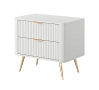 Table de chevet / 2 tiroirs / Bords protégés par des bandes en ABS / Couleur : Blanc / Dimensions : 55 x 63 x 38 cm / Poignées et pieds : Métal / Face à lamelles / Pour chambre à coucher