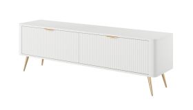 Meuble TV / Blanc / Poignées et pieds : Métal / 2 portes basculantes / Dimensions : 51 x 163 x 38 cm / 2 compartiments / Face à lamelles / Très stable / Meuble TV / Meuble de salon