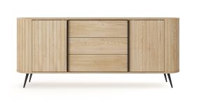Commode / 2 portes coulissantes / Couleur : Chêne Cremona / 3 tiroirs / Fonction push-to-open / 196 x 40 x 82 cm / Côtés arrondis / 4 compartiments / Chants ABS