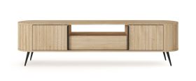 Meuble bas TV / 2 portes coulissantes / Couleur : Chêne Cremona / 1 tiroir / Fonction Push-to-open / 196 x 40 x 51 cm / Côtés arrondis / Chants ABS / Meuble TV