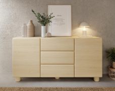 Commode / 2 portes / 3 tiroirs / Couleur : Chêne Vicenza / 4 compartiments / Fonction push-to-open / 160 x 38 x 80 cm / Pieds en bois / Lignes douces / Chants ABS