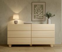 Commode / 6 tiroirs / Couleur : Chêne Vicenza / Fonction Push-to-open / 160 x 38 x 80 cm / Lignes douces / Chants ABS / Pieds en bois / Pour le salon