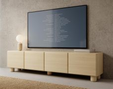 Meuble bas TV / 4 portes basculantes / Couleur : Chêne Vicenza / Fonction Push-to-open / 200 x 38 x 47 cm / 4 compartiments / Chants ABS / Pieds en bois / Meuble TV