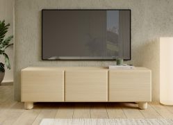 Meuble bas TV / 3 portes basculantes / Couleur : Chêne Vicenza / Fonction Push-to-open / 150 x 38 x 47 cm / 3 compartiments / Chants ABS / Pieds en bois / Tableau TV