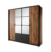 Penderie / Armoire à portes battantes Jendouba 01 / Couleur : châtaigne / Anthracite / deux portes miroir / deux tiroirs / chants en ABS / Dimensions : 210 x 223 x 59 cm