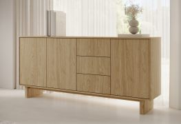 Commode / Couleur : Chêne huilé / Fonction push-to-open / 183 x 38 x 83 cm / 3 portes battantes / 3 tiroirs / 6 compartiments / Buffet / Chants ABS