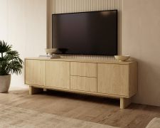Meuble bas TV / Couleur : Chêne huilé / Fonction Push-to-open / 3 portes battantes / 2 tiroirs / 6 compartiments / 183 x 38 x 62 cm / Chants ABS / Tableau TV