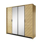 Armoire penderie avec miroirs Damous 01 | 4 portes | Espace optimisé | Finition chêne Scandi / noir | 210 x 223 x 60 cm
