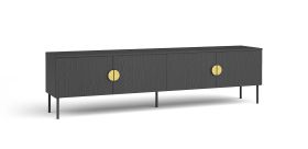 Meuble TV Amfipoli 05, fonction Soft-Close, Couleur : Noir avec structure en bois, quatre portes battantes, dimensions : 54 x 200 x 40 cm, deux passages de câbles