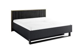 Lit double Amfipoli 14, avec un sommier à lattes avec mécanisme de levage, Couleur : Noir avec structure en bois, rembourrage de tête de lit, Surface de couchage : 180 x 200 cm
