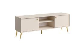 Meuble TV beige avec portes battantes | 4 compartiments | Poignées et pieds métal | 43 x 87 x 66 cm