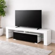 Meuble TV Zolvini / Blanc / Noir brillant / 140 x 35 x 47,5 cm / Grand compartiment à bascule / Système « Push to Open » / Robuste et durable / Entièrement laqué