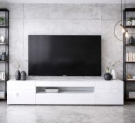 Meuble TV Silvado 2 / Blanc brillant / 200 x 40 x 45 cm / Grand compartiment à bascule à 2 étagères / Design sans poignées / Robuste et durable / Entièrement laqué