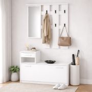Ensemble complet de rangement Kelvini / Blanc / Armoire à chaussures avec 3 compartiments et un tiroir / Portemanteau avec miroir / 6 crochets / Nombreuses surfaces de rangement