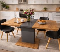 Table de salle à manger Teem extensible / Couleur : Chêne artisan / graphite / Table à pied central / Plateau robuste / 110-150 x 70 x 80 cm / Pour 4 à 6 personnes / Effet bicolore