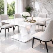 Table de salle à manger Monzelo / Couleur : Blanc brillant / Étagère de 32 mm d'épaisseur / Pour 6 personnes / 160 x 90 x 75 cm / Pied central en forme de V / Espace maximal pour les jambes