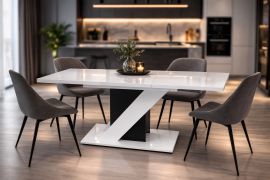 Table à rallonges Ventio / Couleur : Blanc brillant / Noir / Plateau ultra-résistant / 120-160 x 80 x 75 cm / Finition laquée haut de gamme / pour 4 à 6 personnes