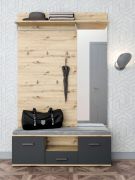 Armoire Lavon / Couleur : Chêne artisan/Anthracite / Banc / Tringle à vêtements / Grand miroir / Entrée / 1 tiroir / 5 compartiments / Couloir / 130 x 39 x 200 cm