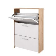 Armoire à chaussures Belvun 3 / Couleur : Chêne artisan/Blanc mat / 3 compartiments à clapet / un grand espace de rangement sur une petite surface / 69 x 25 x 115 cm / penderie / entrée
