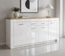 Commode / Buffet Tridano / Couleur : Chêne artisan / Blanc brillant / 1 grand tiroir / 5 compartiments / 190,4 x 35 x 84,5 cm